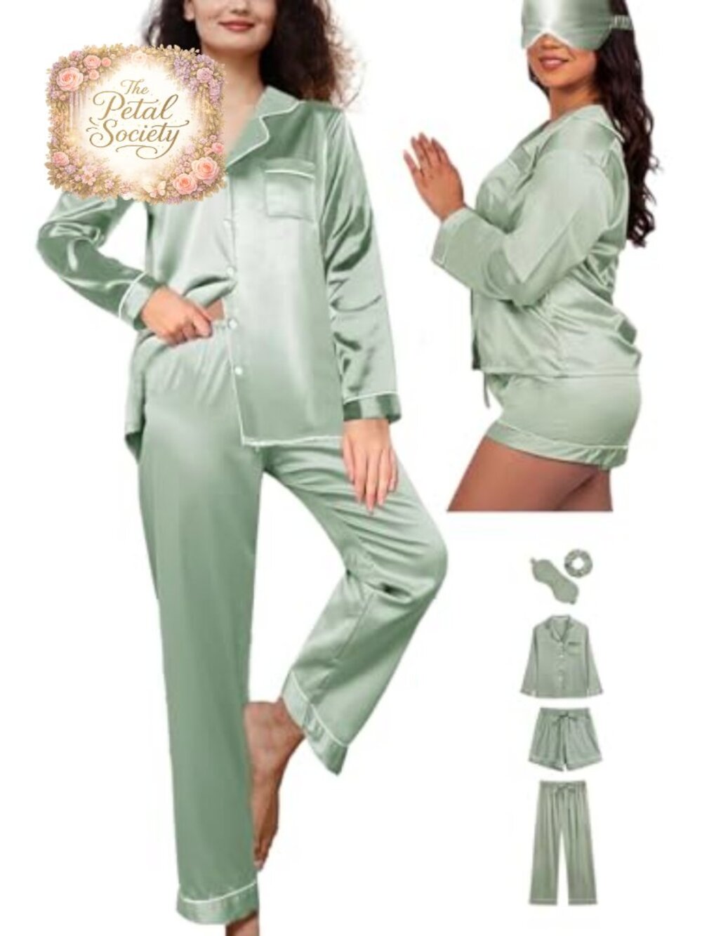 Womens Silk Satin Pajama Set 5Pc Button Down Loungewear Sleepwear PJs